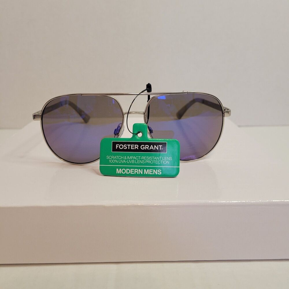 Foster Grant Modern Men’s Aviator Sunglasses Blue Tint Silver Frame NWT